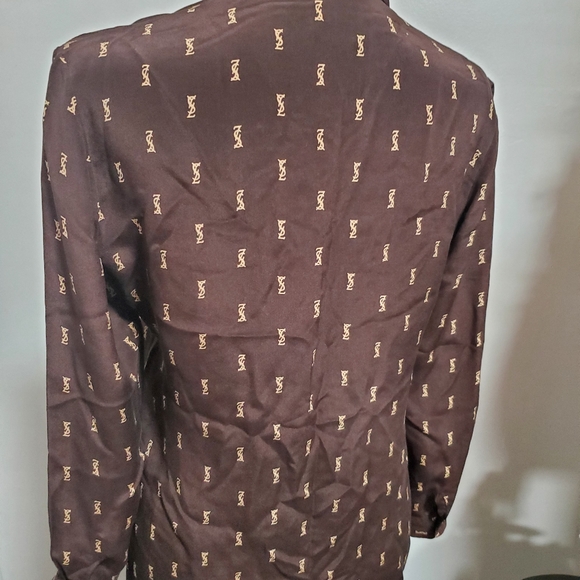 Vintage Yves Saint Laurent YSL Brown Silk Logo Long Sleeve Button Up Blouse sz12 - Picture 3 of 8